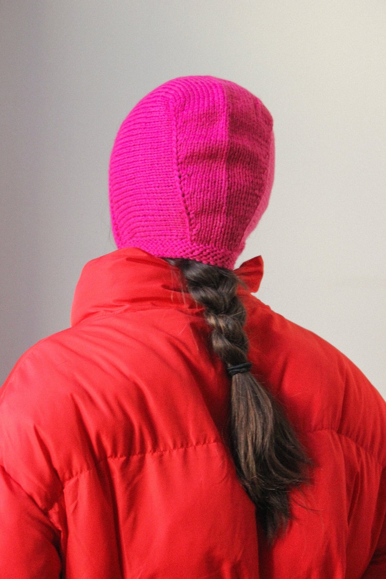 Hand-knitted Adult Bow Tie Bonnet hat in Hot Pink, Fuchsia Pink image 7