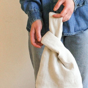 Japanese Knot essential linen bag in camel beige, tote bag, wrist bag image 8