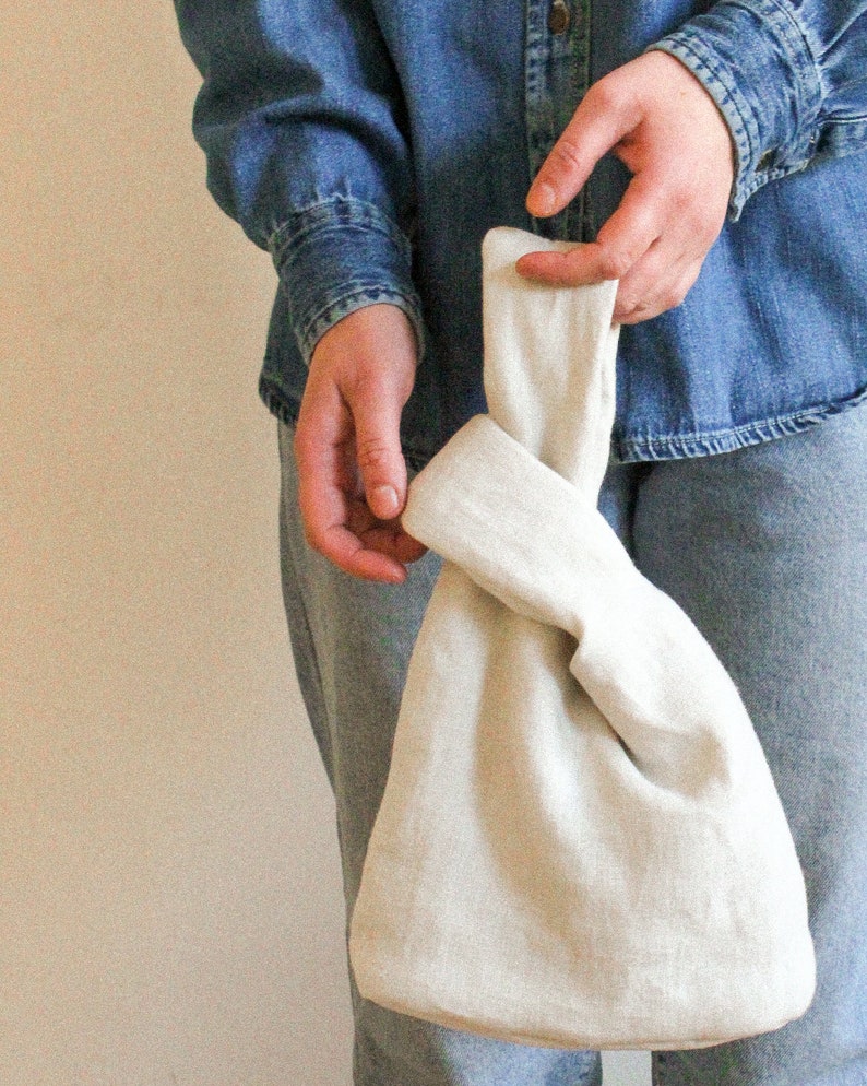 Japanese Knot essential linen bag in camel beige, tote bag, wrist bag image 8