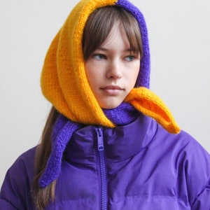 Hand knitted Bicolour Mohair Headscarf in Rich Amber Yellow & Purple,kerchief knitted,headscarf wool image 6