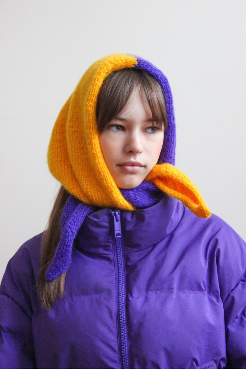 Hand knitted Bicolour Mohair Headscarf in Rich Amber Yellow & Purple,kerchief knitted,headscarf wool image 6