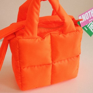 MINI PILLOW PUFFER essential bag in neon orange , tote bag , neon mandarin bag image 2