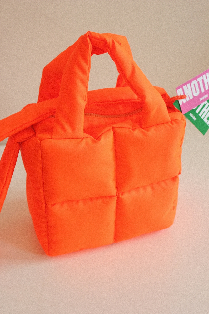 MINI PILLOW PUFFER essential bag in neon orange , tote bag , neon mandarin bag image 2