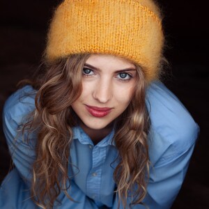 Hand Knitted Mohair Beanie Hat in Mustard yellow image 5