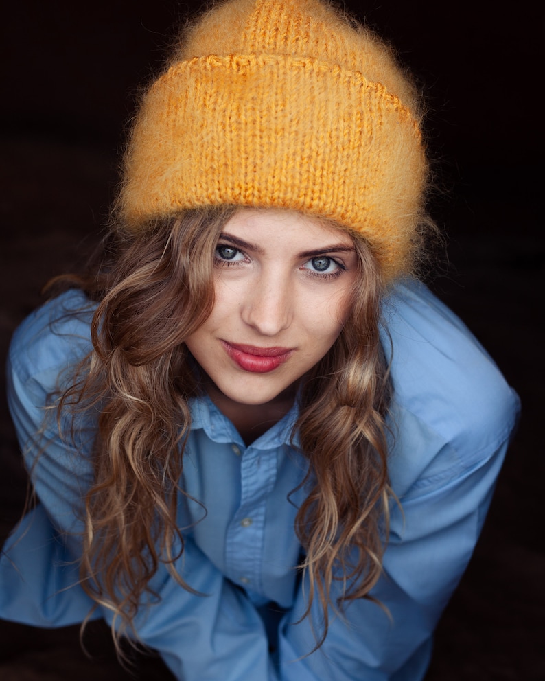 Hand Knitted Mohair Beanie Hat in Mustard yellow image 5