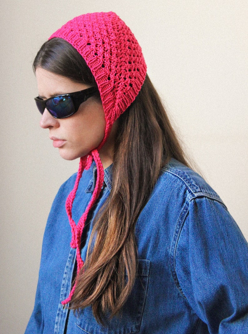 Hand knitted Demi Season Adult Bow Tie Mesh Bonnet Headband in hot pink, tie headband, headband image 5