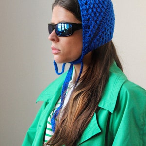 Hand knitted Demi Season Adult Bow Tie Mesh Bonnet Headband in Blue, tie headband, headband image 4