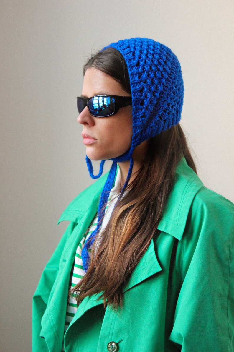 Hand knitted Demi Season Adult Bow Tie Mesh Bonnet Headband in Blue, tie headband, headband image 4