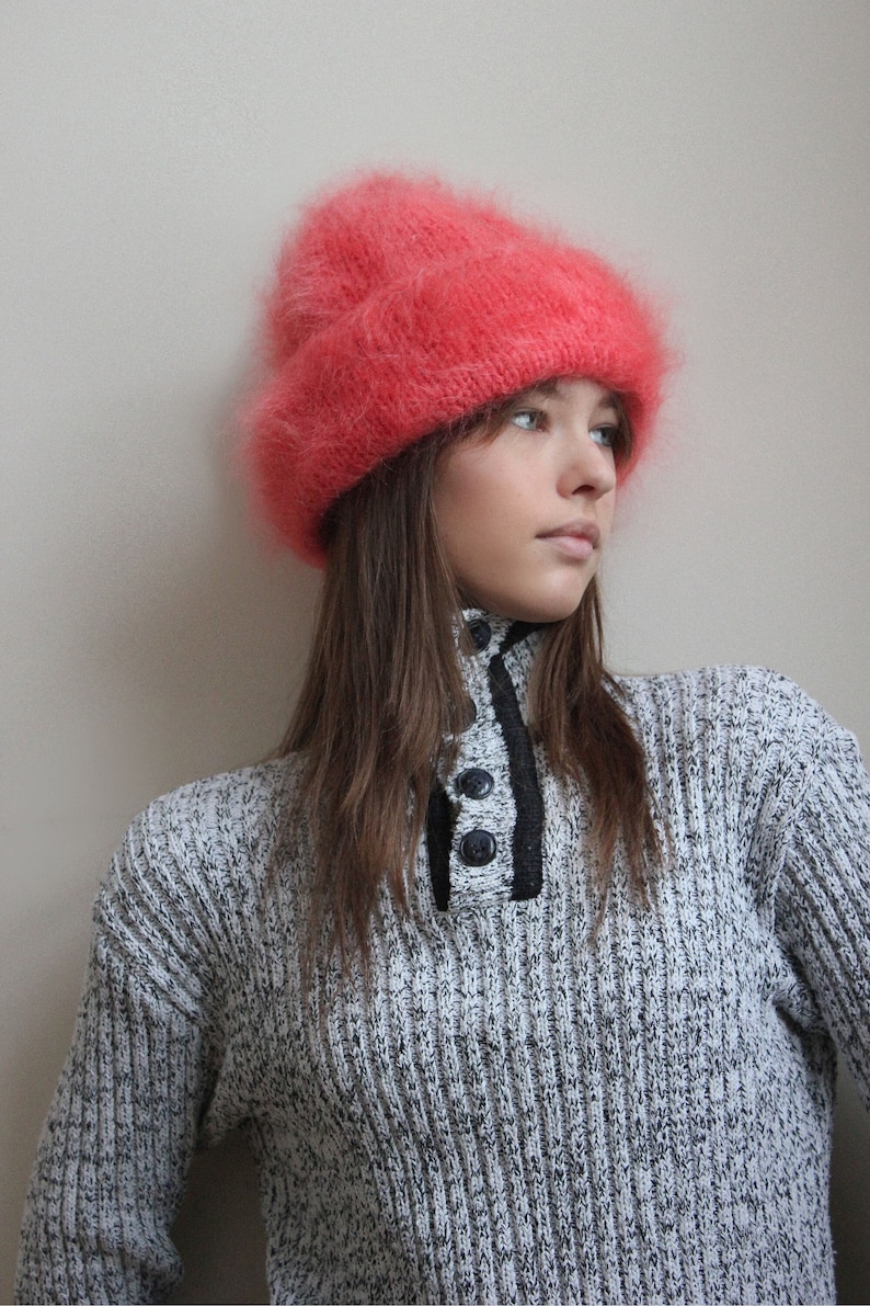 Hand Knitted Premium Mohair Beanie Hat in Coral image 3