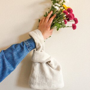 Japanese Knot essential linen bag in camel beige, tote bag, wrist bag image 6