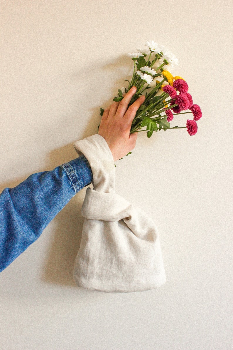 Japanese Knot essential linen bag in camel beige, tote bag, wrist bag image 6