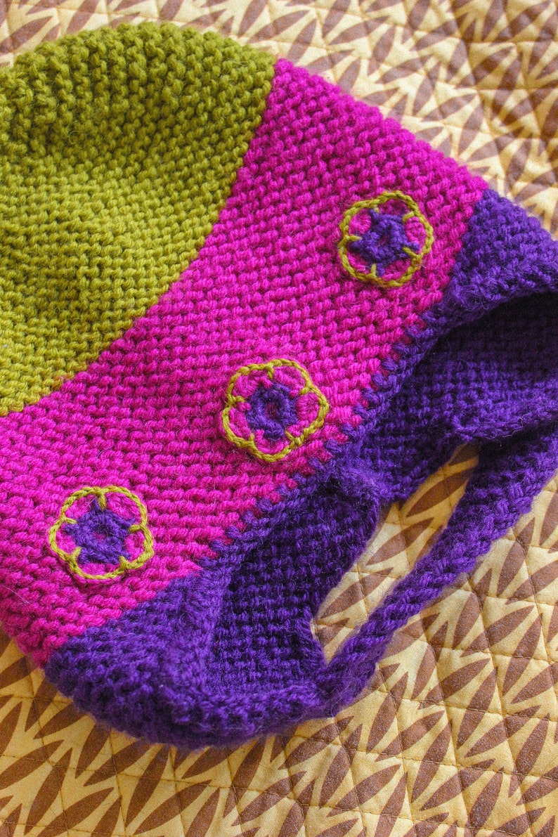 Multicoloured Aviator Bonnet Hat with crochet flowers image 5