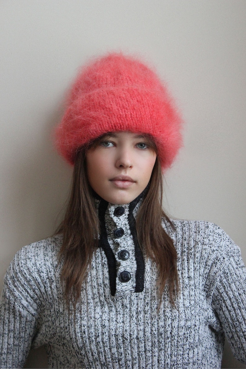 Hand Knitted Premium Mohair Beanie Hat in Coral image 1