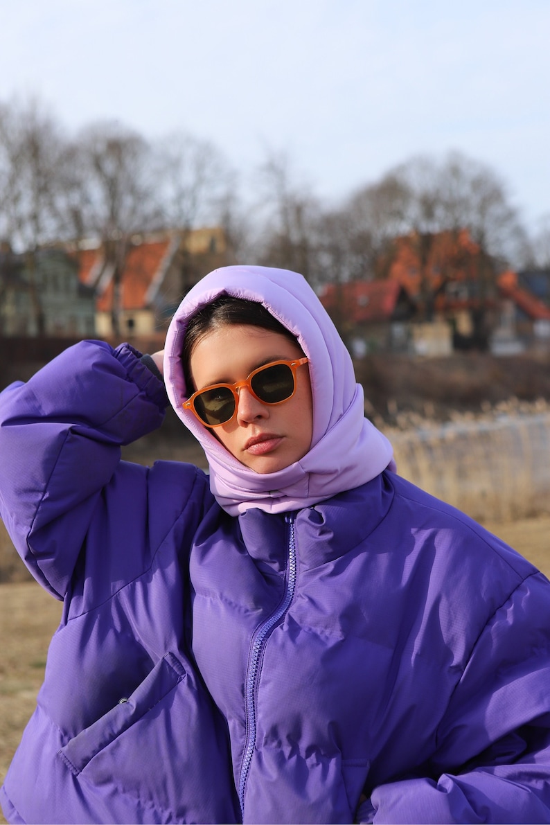 PILLOW HEADSCARF Balaclava in Lilac ,scarf quilted shawl bandana shawl puffer, fashion shawl 2022,babyshka style Quilted Headscarf image 4