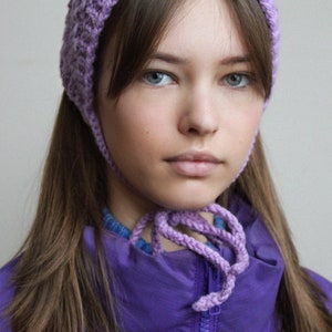 Hand knitted Demi Season Adult Bow Tie Mesh Bonnet Headband in Lilac, tie headband, headband image 3