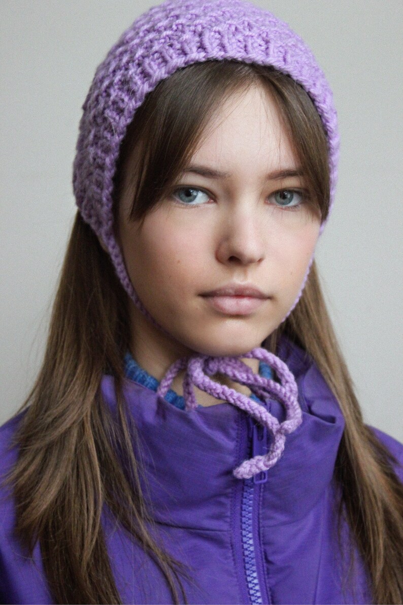 Hand knitted Demi Season Adult Bow Tie Mesh Bonnet Headband in Lilac, tie headband, headband image 3