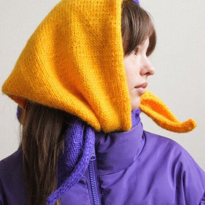 Hand knitted Bicolour Mohair Headscarf in Rich Amber Yellow & Purple,kerchief knitted,headscarf wool image 3