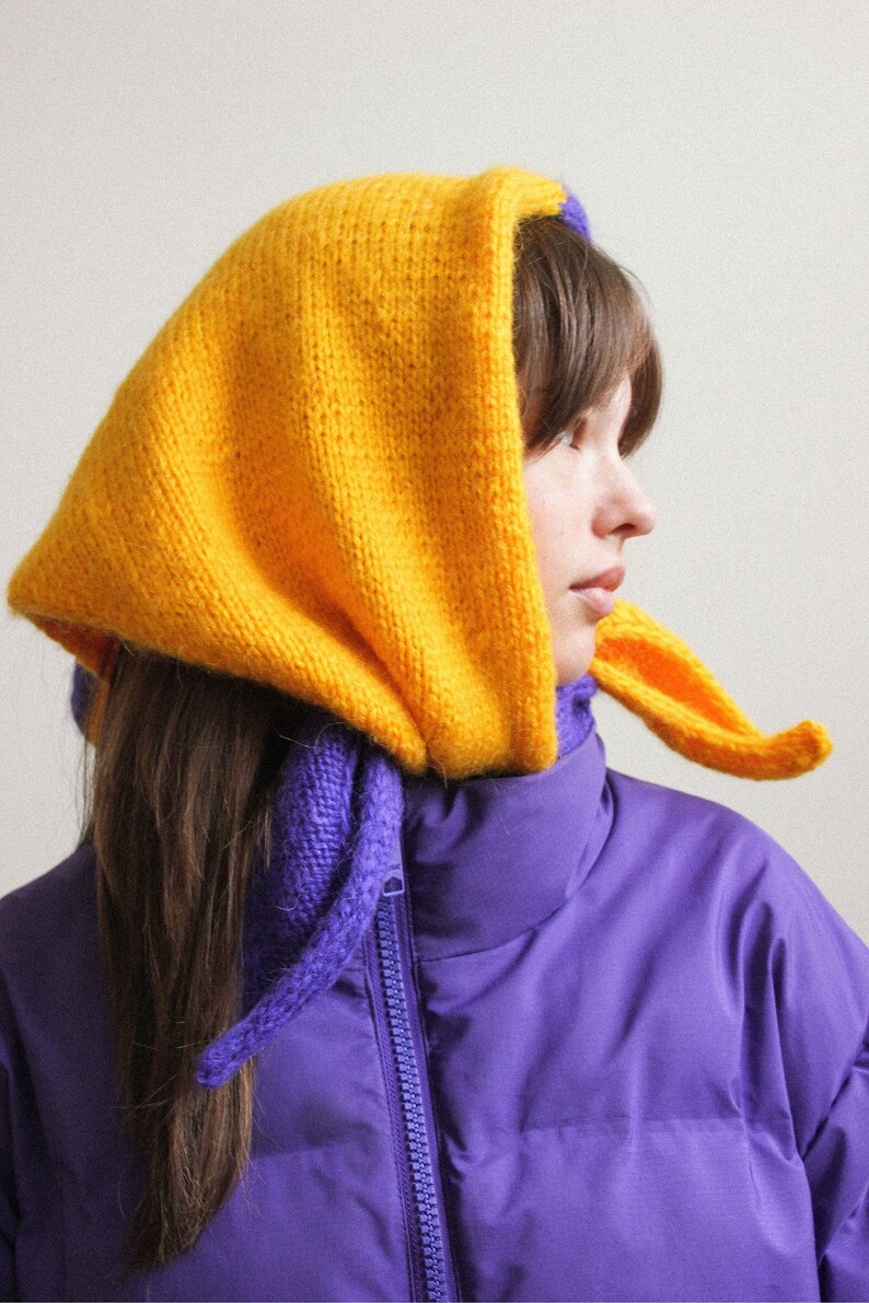 Hand knitted Bicolour Mohair Headscarf in Rich Amber Yellow & Purple,kerchief knitted,headscarf wool image 3