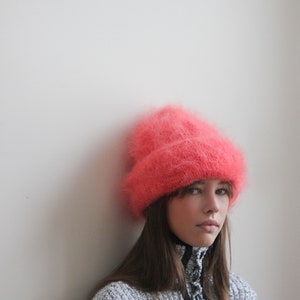 Hand Knitted Premium Mohair Beanie Hat in Coral image 2