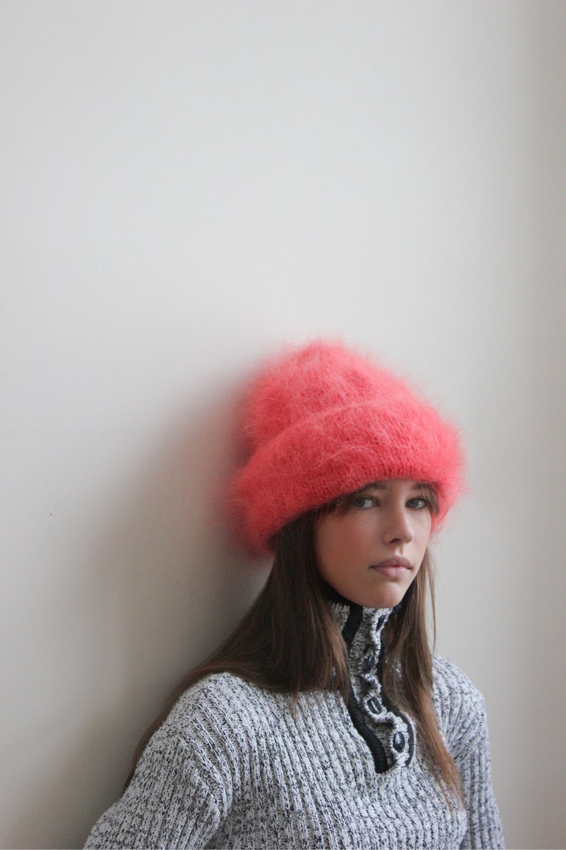 Hand Knitted Premium Mohair Beanie Hat in Coral image 2