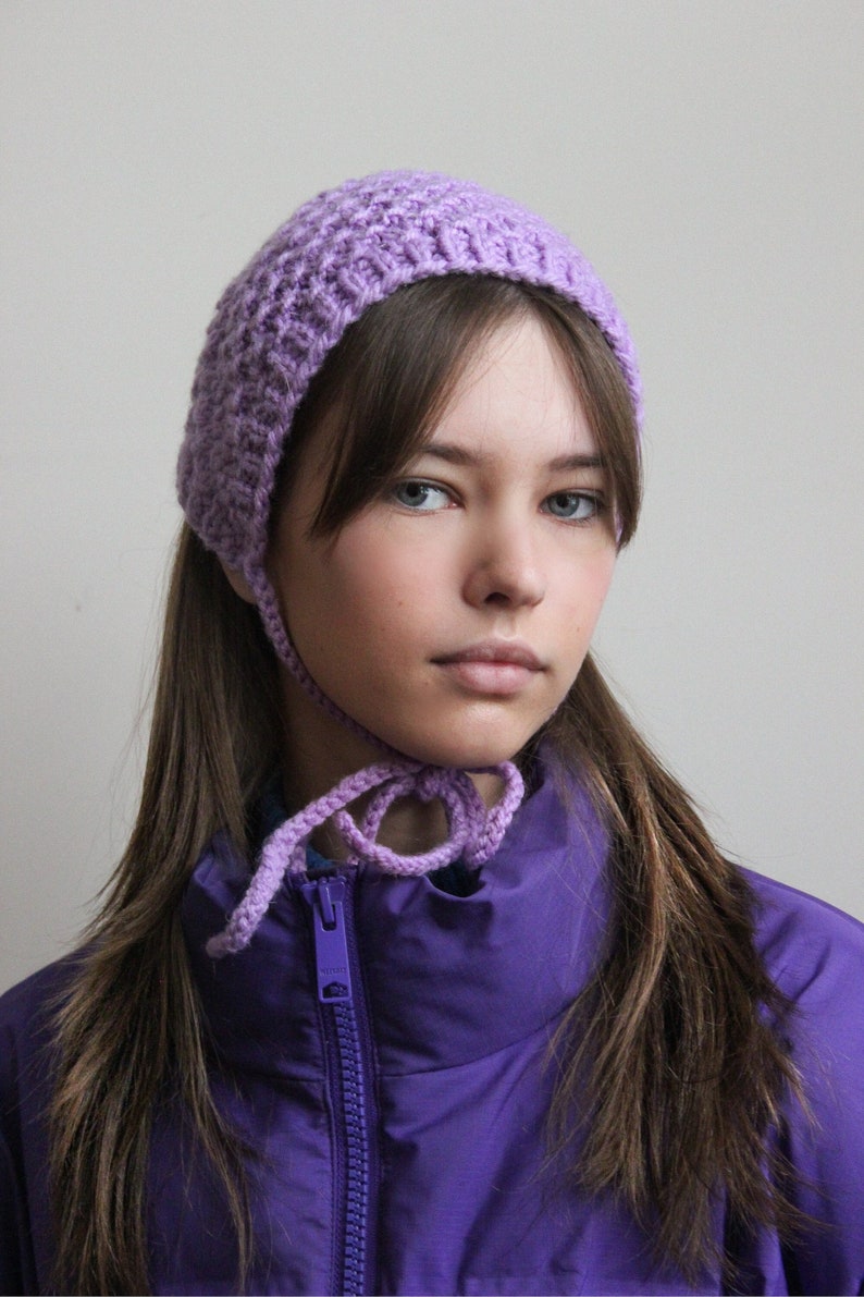 Hand knitted Demi Season Adult Bow Tie Mesh Bonnet Headband in Lilac, tie headband, headband image 1