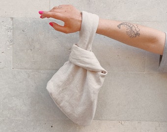 Japanese Knot essential linen bag in camel beige, tote bag, wrist bag