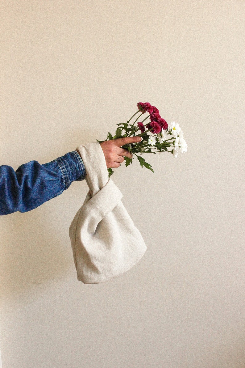 Japanese Knot essential linen bag in camel beige, tote bag, wrist bag image 4