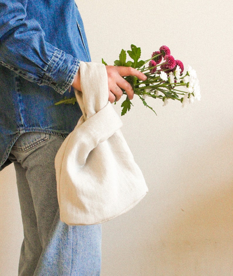 Japanese Knot essential linen bag in camel beige, tote bag, wrist bag image 7