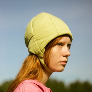 Pillow Puffer Quilted Aviator Helmet Cap Bonnet on a button in light Olive green image 6