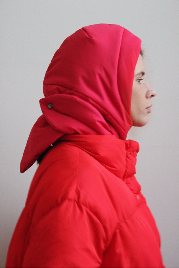PILLOW Puffer HEADSCARF in Scarlet Red Scarf Quilted Shawl 