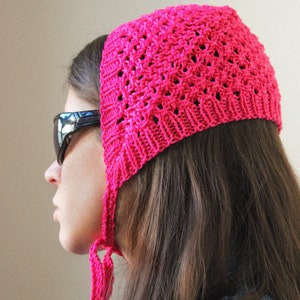 Hand knitted Demi Season Adult Bow Tie Mesh Bonnet Headband in hot pink, tie headband, headband image 2