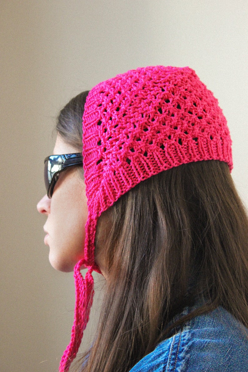 Hand knitted Demi Season Adult Bow Tie Mesh Bonnet Headband in hot pink, tie headband, headband image 2