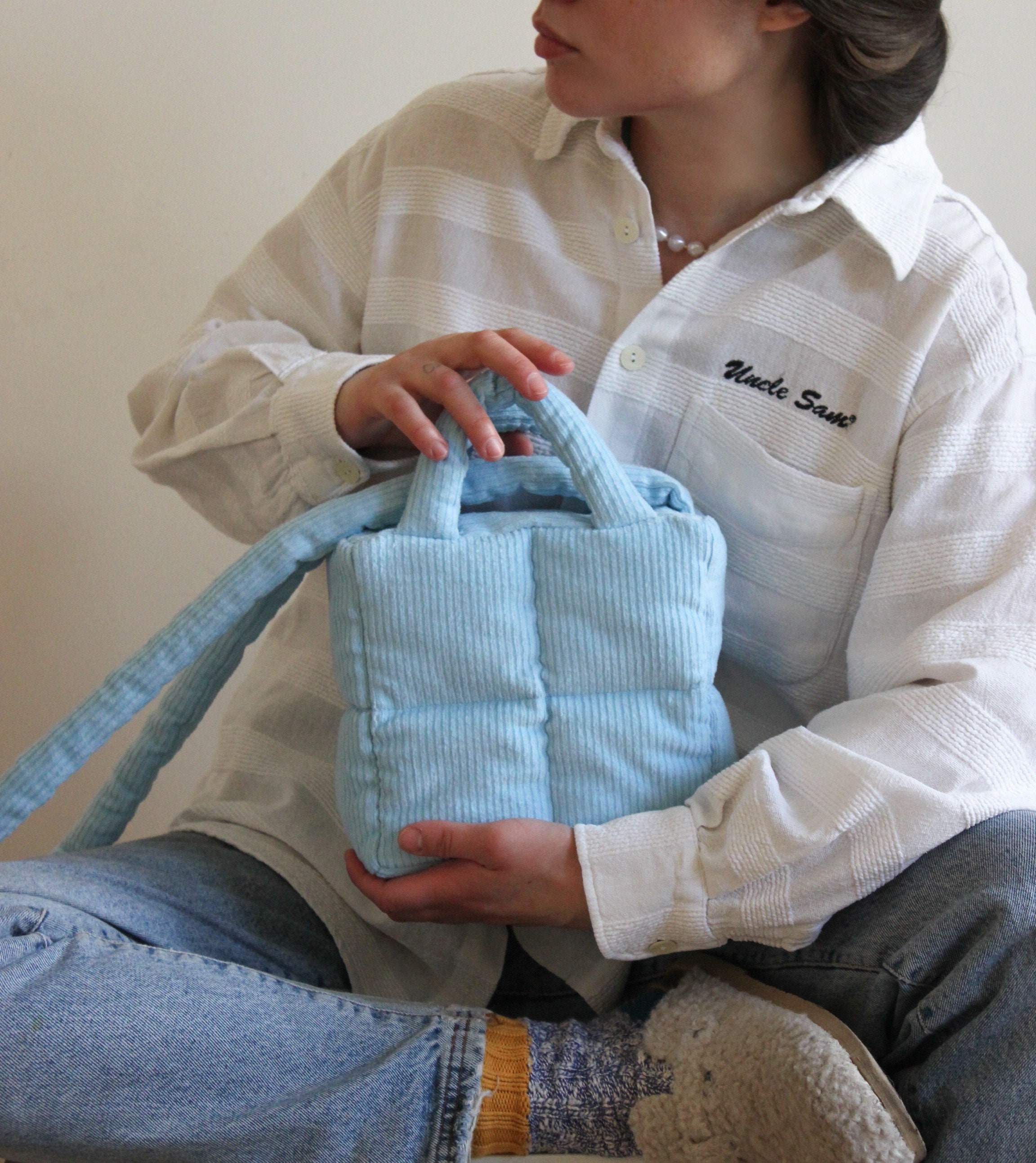 MINI PILLOW PUFFER Corduroy Essential Bag in Baby Blue