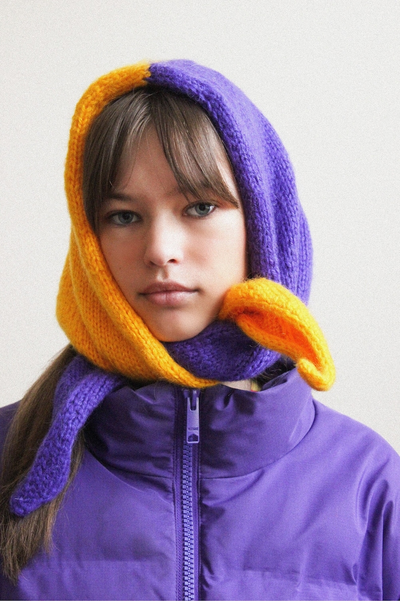 Hand knitted Bicolour Mohair Headscarf in Rich Amber Yellow & Purple,kerchief knitted,headscarf wool image 1