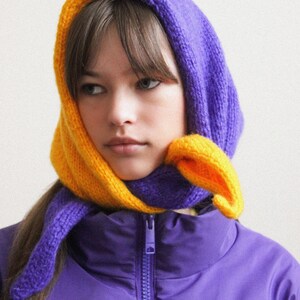 Hand knitted Bicolour Mohair Headscarf in Rich Amber Yellow & Purple,kerchief knitted,headscarf wool image 7