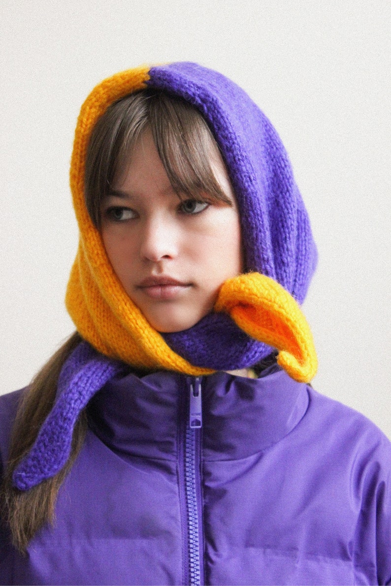 Hand knitted Bicolour Mohair Headscarf in Rich Amber Yellow & Purple,kerchief knitted,headscarf wool image 7
