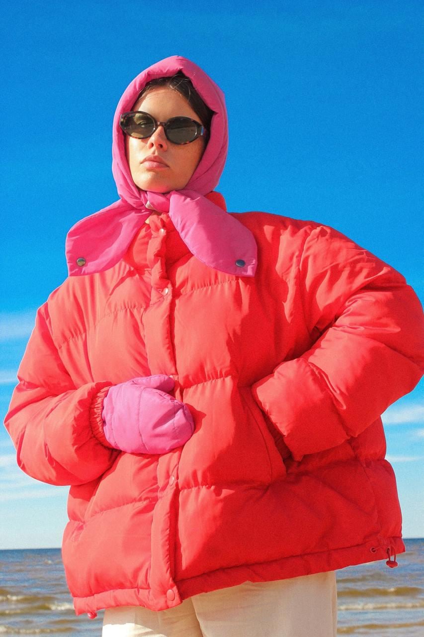 KUSSENHOOFDDOEK - Balaclava in felroze, gewatteerde sjaal, bandana, puffer, mode sjaal 2024-25, babyshka stijl gewatteerde hoofddoek