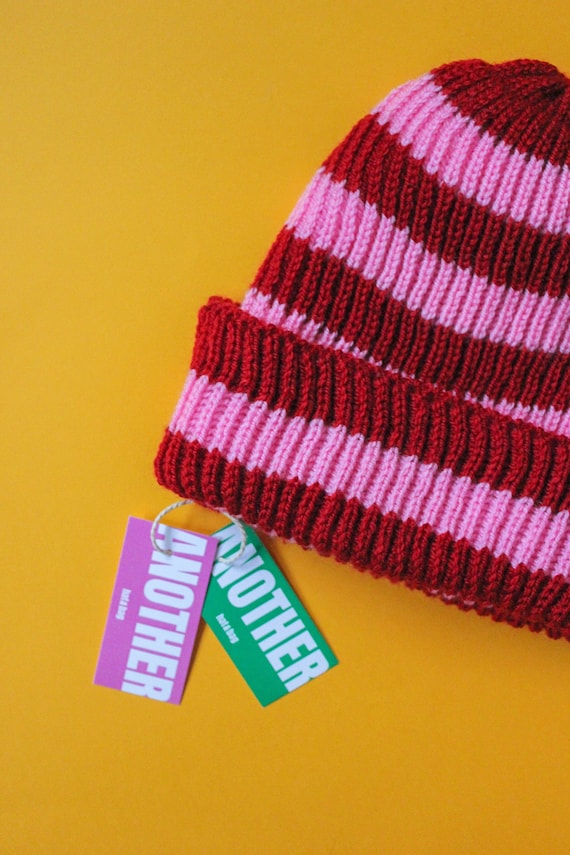 Stripped Beanie Hat in Red and Pink - Etsy