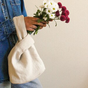 Japanese Knot essential linen bag in camel beige, tote bag, wrist bag image 5