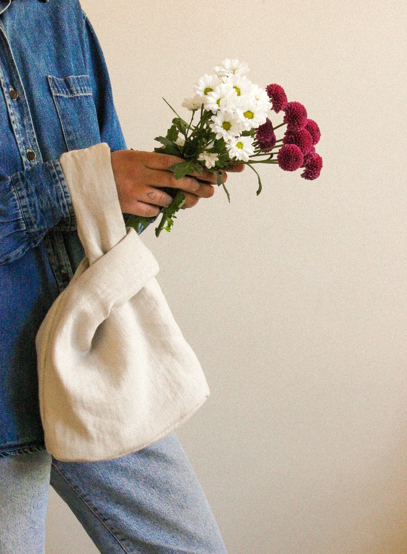 Japanese Knot essential linen bag in camel beige, tote bag, wrist bag image 5