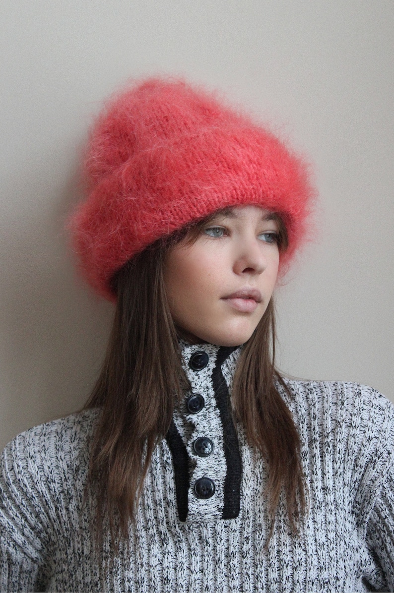 Hand Knitted Premium Mohair Beanie Hat in Coral image 5