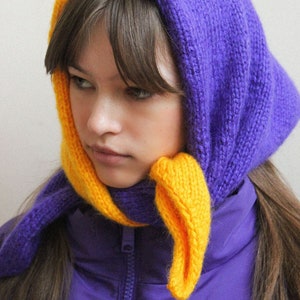 Hand knitted Bicolour Mohair Headscarf in Rich Amber Yellow & Purple,kerchief knitted,headscarf wool image 5