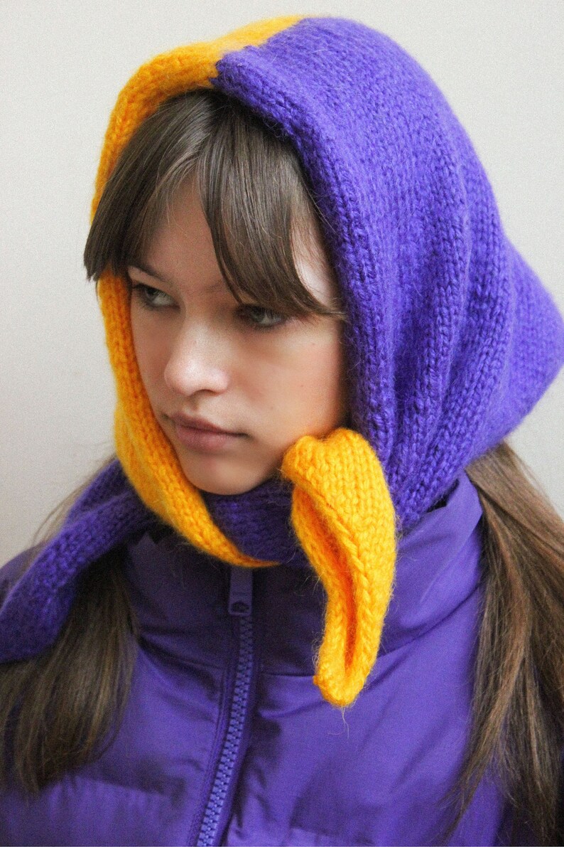 Hand knitted Bicolour Mohair Headscarf in Rich Amber Yellow & Purple,kerchief knitted,headscarf wool image 5