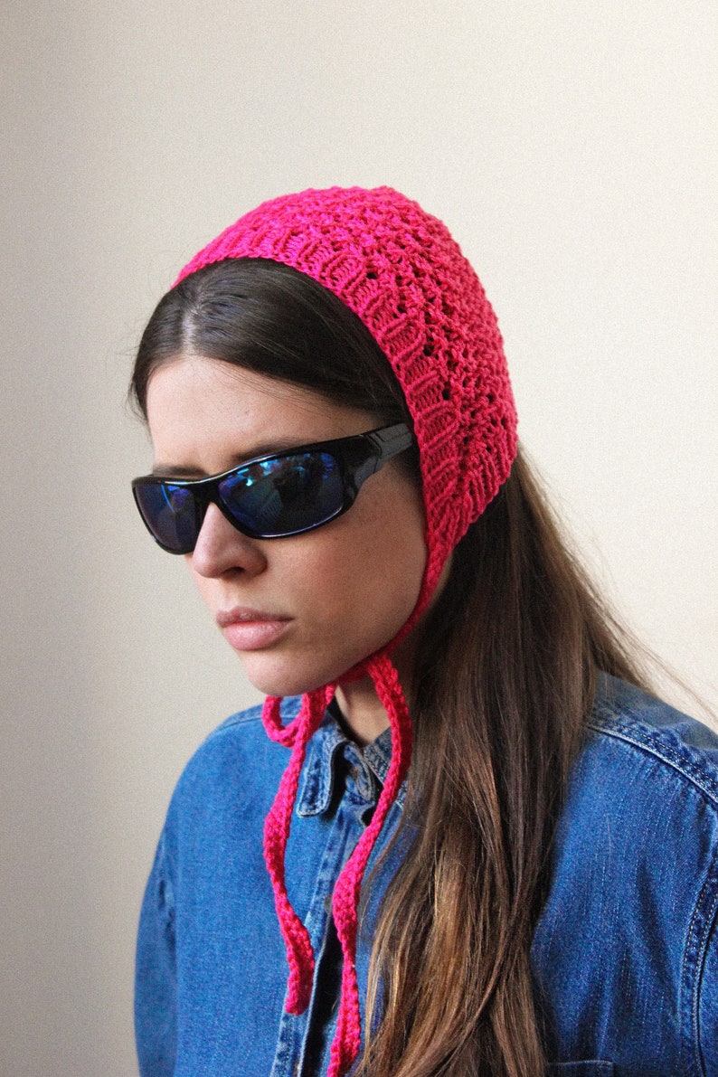 Hand knitted Demi Season Adult Bow Tie Mesh Bonnet Headband in hot pink, tie headband, headband image 3