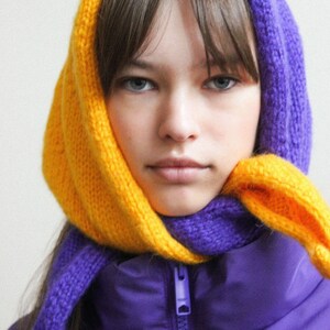 Hand knitted Bicolour Mohair Headscarf in Rich Amber Yellow & Purple,kerchief knitted,headscarf wool image 2