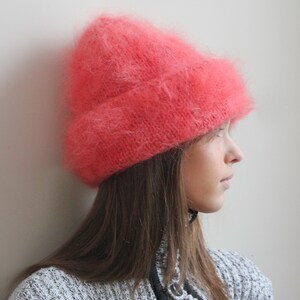 Hand Knitted Premium Mohair Beanie Hat in Coral image 4