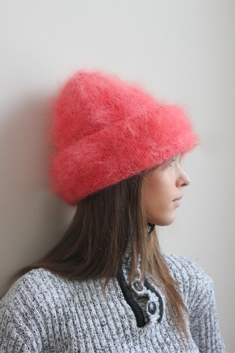 Hand Knitted Premium Mohair Beanie Hat in Coral image 4