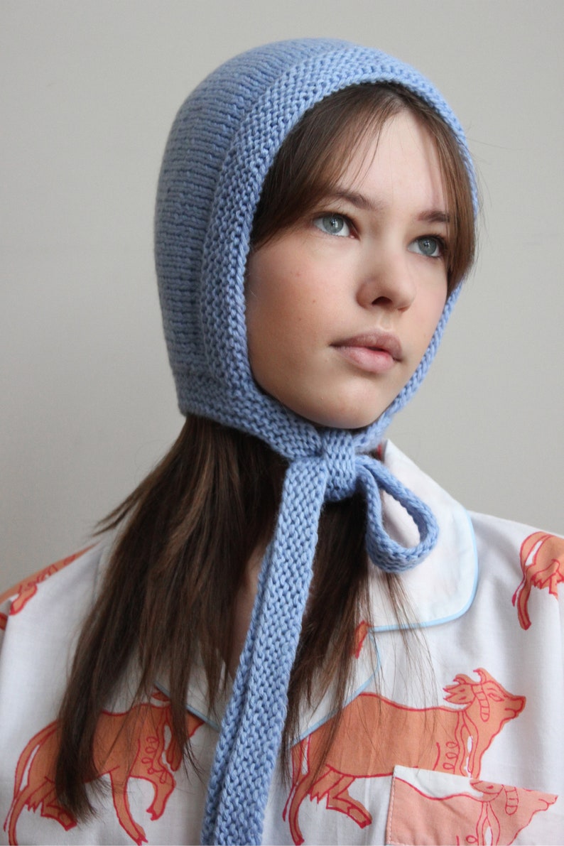 Hand-knitted Adult Bow Tie Bonnet hat in Light Blue image 7