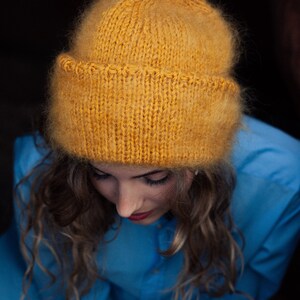 Hand Knitted Mohair Beanie Hat in Mustard yellow image 6