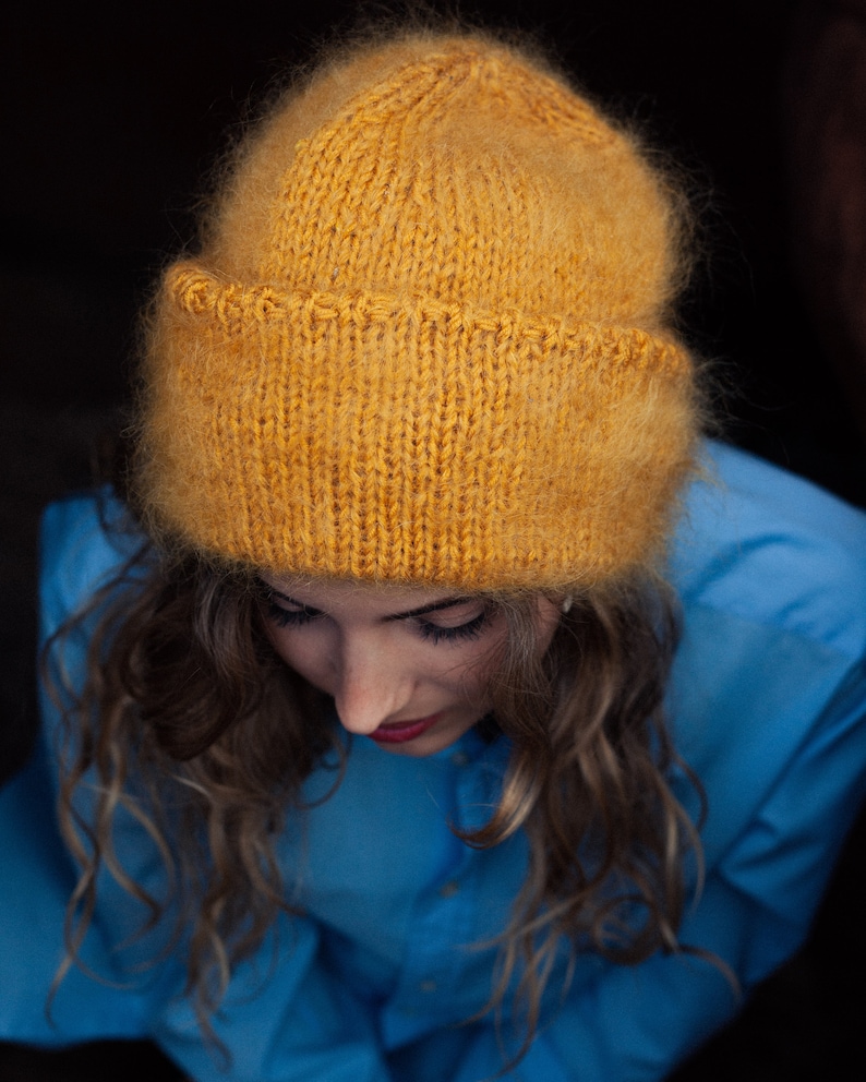 Hand Knitted Mohair Beanie Hat in Mustard yellow image 6